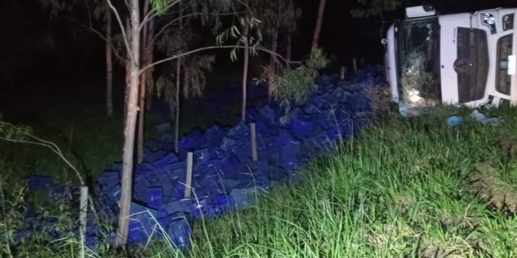 Carreta carregada com abacates tomba e três pessoas ficam feridas na MG-354