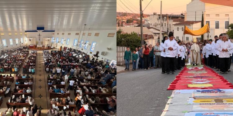 Fiéis católicos celebram Corpus Christi com missa, procissão e gesto de solidariedade em Presidente Olegário